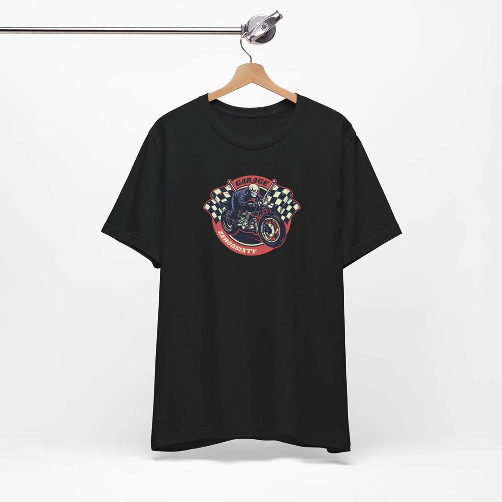 Zero2Sixty Round Garage Sign Tee (Black) — Motorsport Inspired Speed Logo T-Shirt