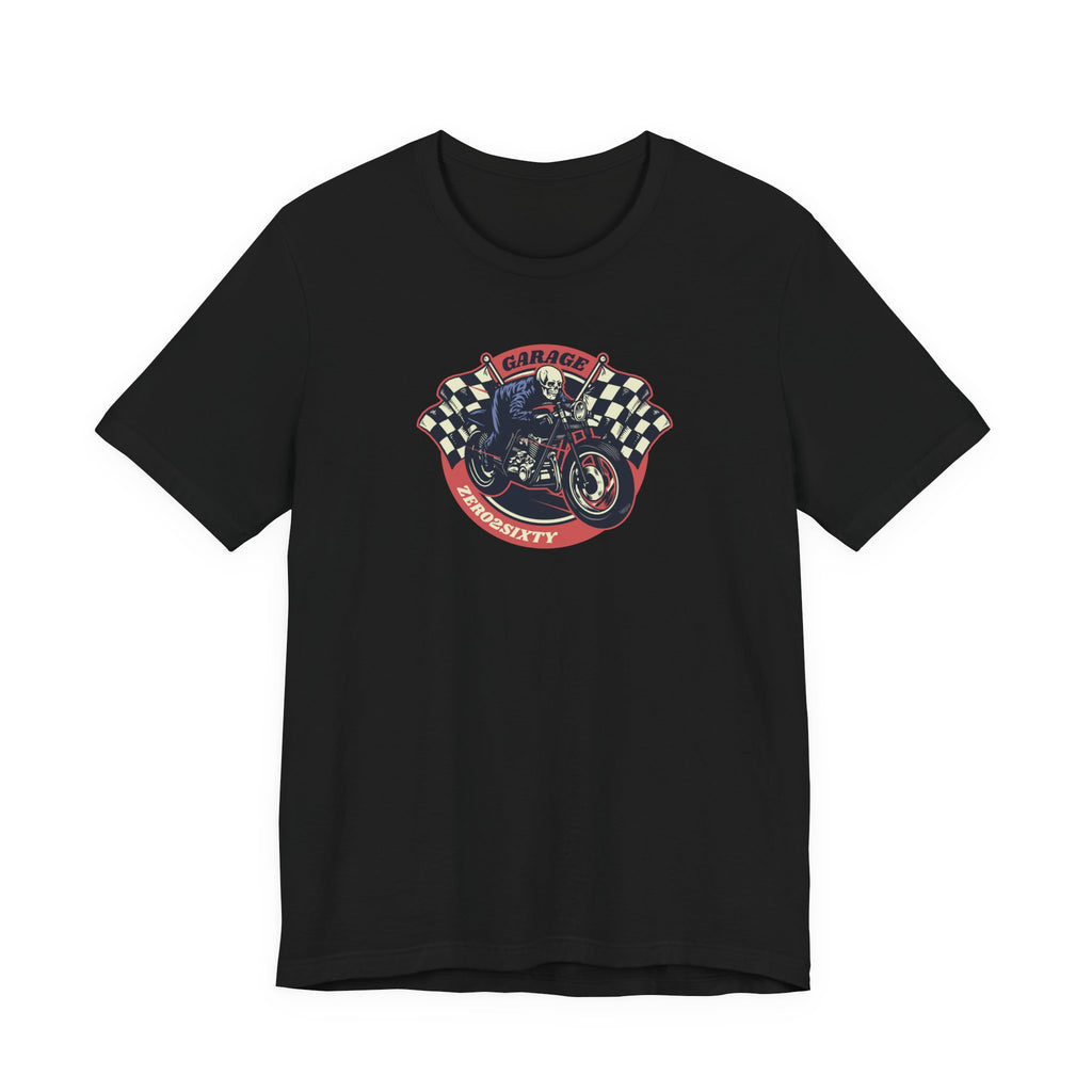 Zero2Sixty Round Garage Sign Tee (Black) — Motorsport Inspired Speed Logo T-Shirt